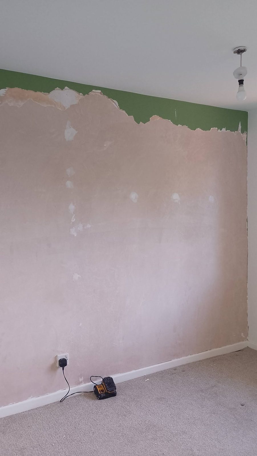Bedroom wall stripped back to plaster, with old green paint still along the top